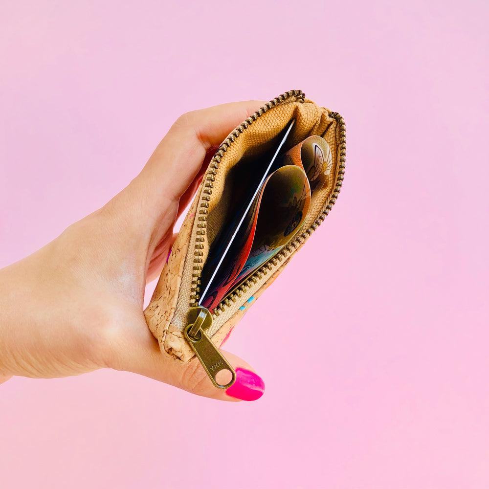 Card and Australian money inside of By The Sea Collection, Gigi, Colourful Vegan Cork Leather Coin Pouch 