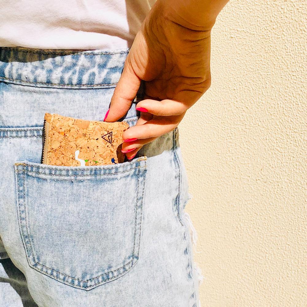 By The Sea Collection, Gigi, colourful vegan cork leather coin pouch in jeans pocket