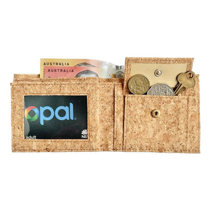 Interior B with notes, card and coins of By The Sea Collection, Gilly, classic vegan cork leather compact wallet