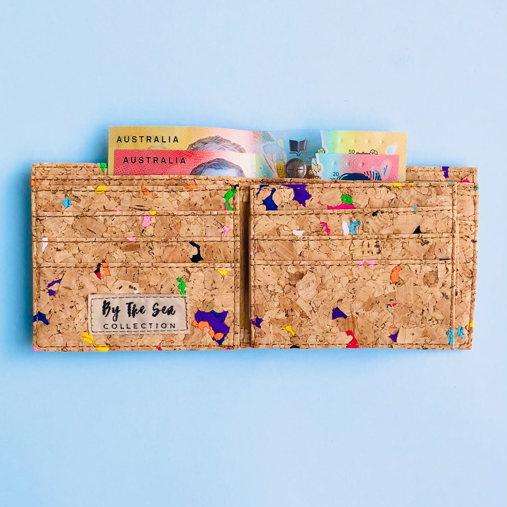 Interior A with notes and card of By The Sea Collection, Gilly, colourful vegan cork leather compact wallet