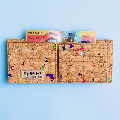Interior A with notes and card of By The Sea Collection, Gilly, colourful vegan cork leather compact wallet