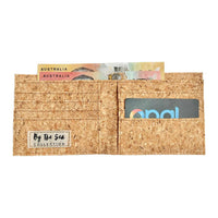 With notes and opal card interior of By The Sea Collection, Henry, classic vegan cork leather compact wallet