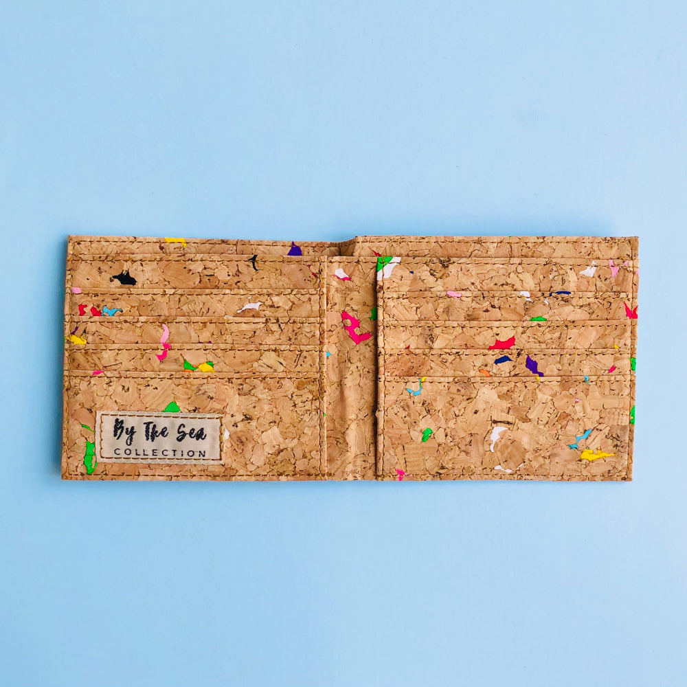 Interior of By The Sea Collection, Henry, colourful vegan cork leather compact wallet