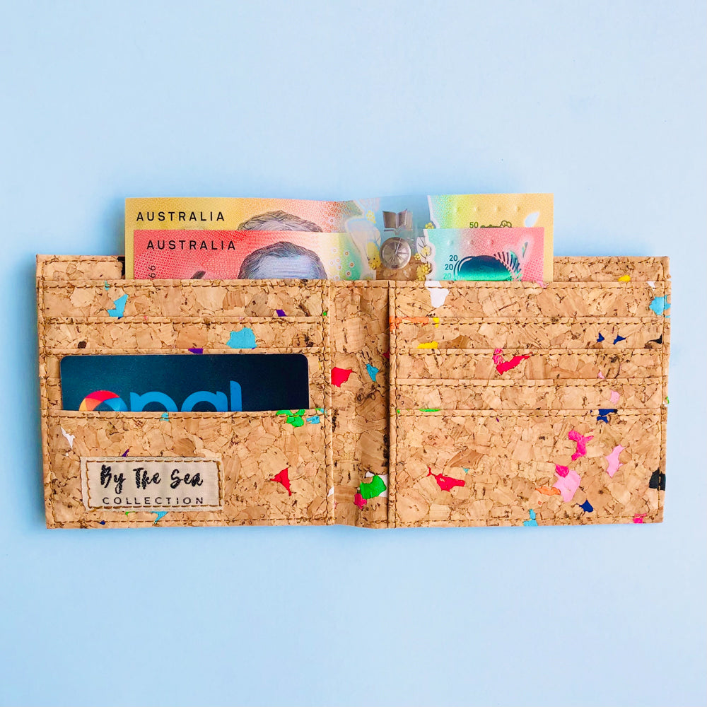 Interior of By The Sea Collection, Henry, colourful vegan cork leather compact wallet