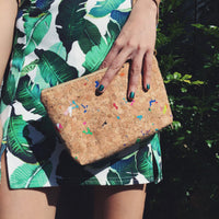 Woman holding By The Sea Collection, Miley, colourful vegan cork leather make up bag