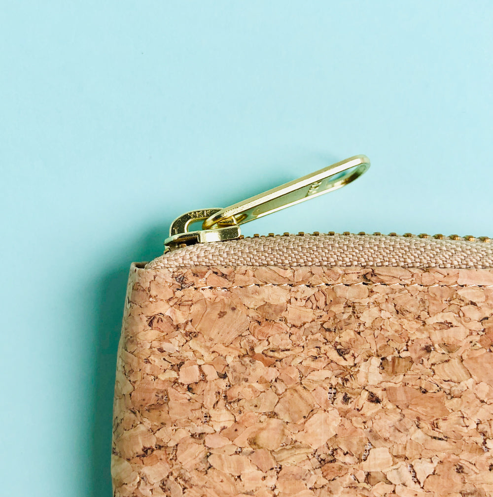 YKK metal zipper detail of By The Sea Collection, Iggy, women’s vegan cork leather wallet 