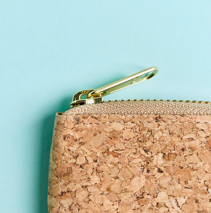 YKK metal zipper detail of By The Sea Collection, Iggy, women’s vegan cork leather wallet 