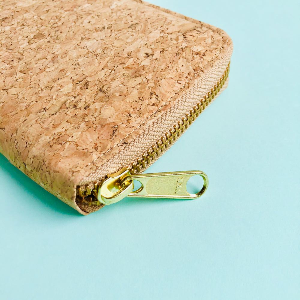 YKK metal zipper detail of By The Sea Collection, Iggy, women’s vegan cork leather wallet 