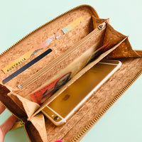 Australian money and iphone inside of By The Sea Collection, Iggy, women’s vegan cork leather wallet 