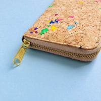 By The Sea Collection, Iggy, colourful women's vegan cork leather zipper wallet's gold zipper detail