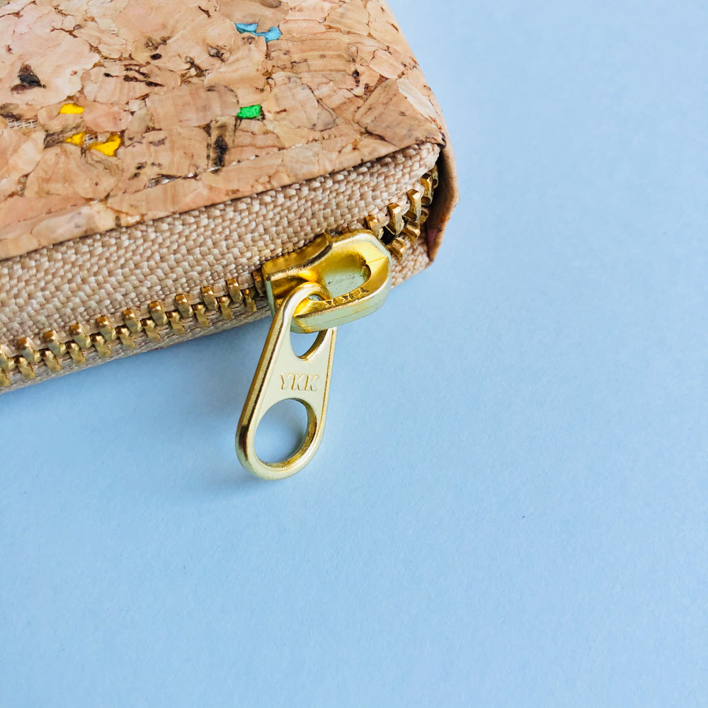 YKK metal zipper detail of By The Sea Collection, Ingy, colourful vegan cork leather wallet