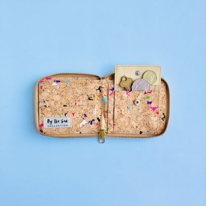 Interior with coins and key of By The Sea Collection, Ingy, colourful vegan cork leather wallet