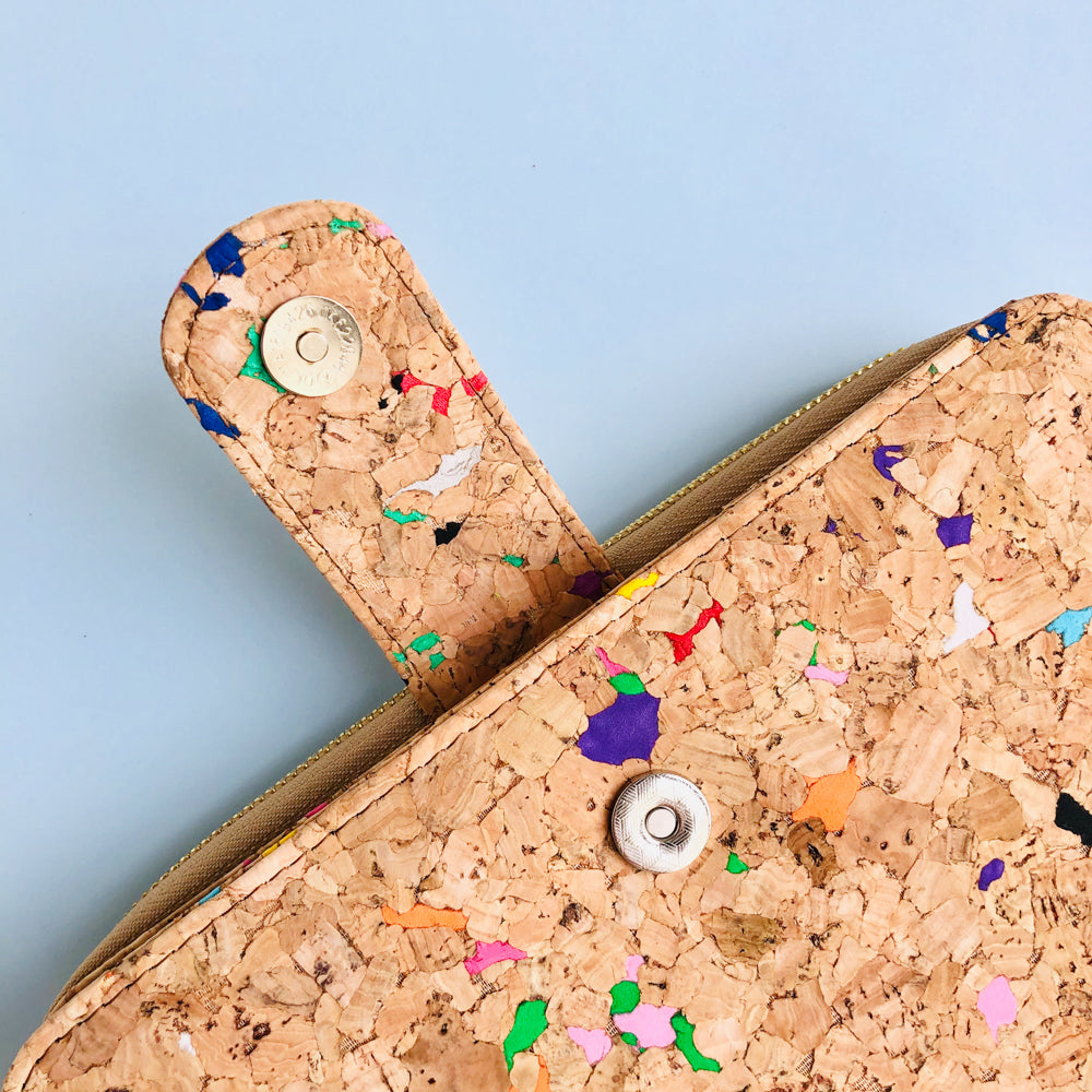 Magnet closure detail of By The Sea Collection, Izzy, colourful vegan cork leather women’s wallet 