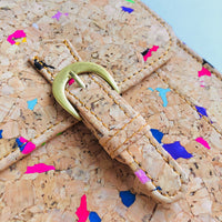 By The Sea Collection, magnetic buckle detail of Keira, colourful vegan cork leather satchel shoulder bag