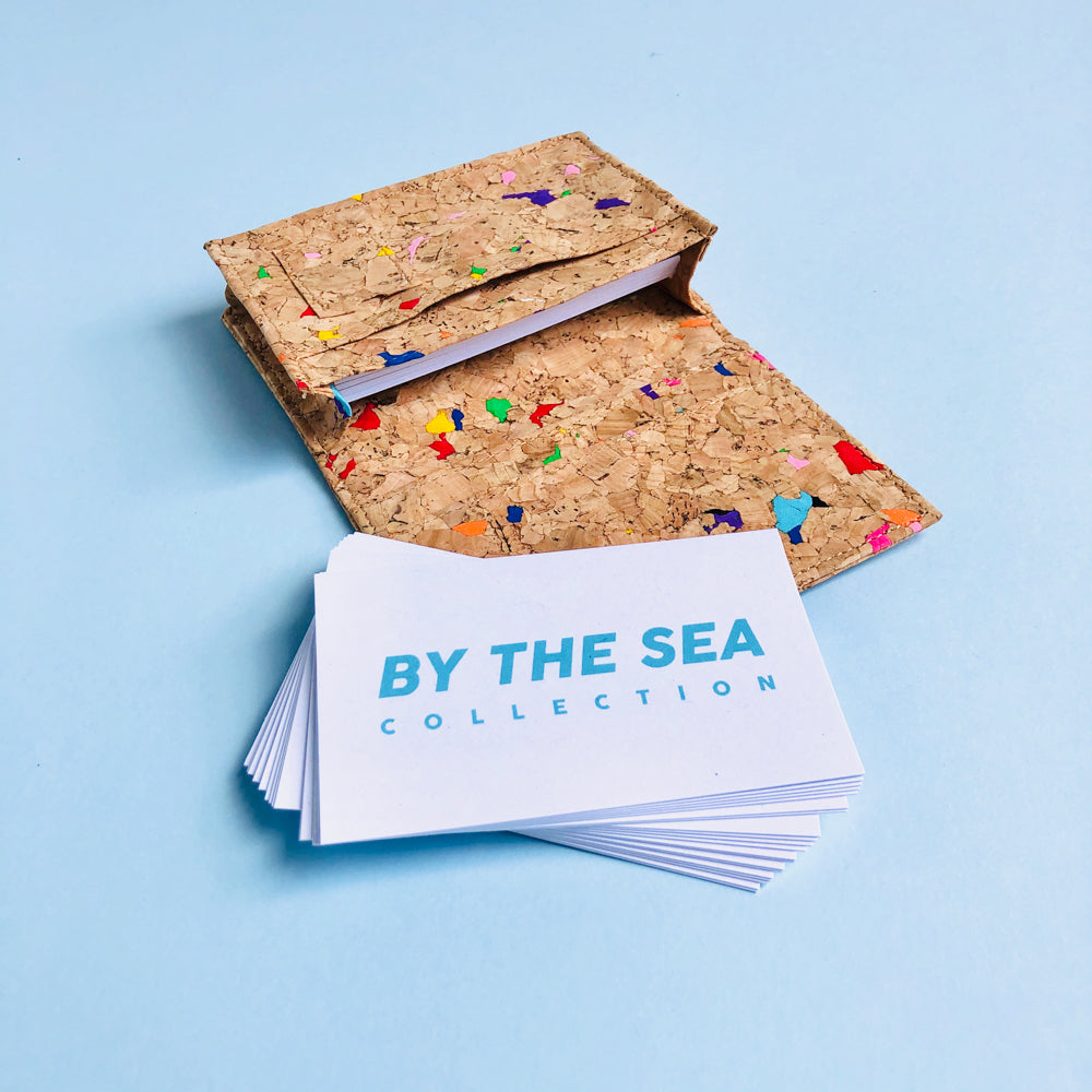 By The Sea Collection, Kevin, colourful vegan cork leather card holder filled with business cards
