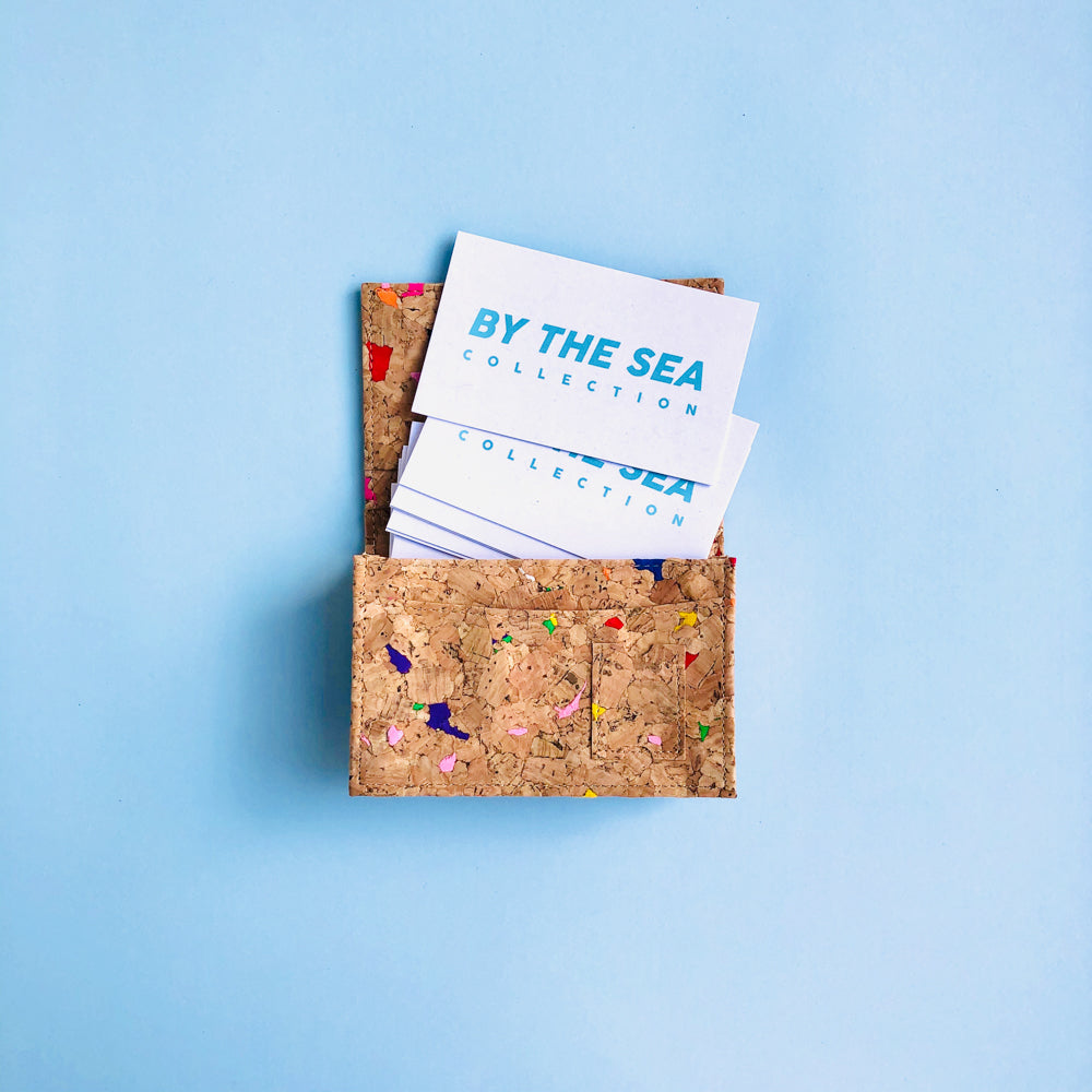 By The Sea Collection, Kevin, colourful vegan cork leather card holder filled with business cards