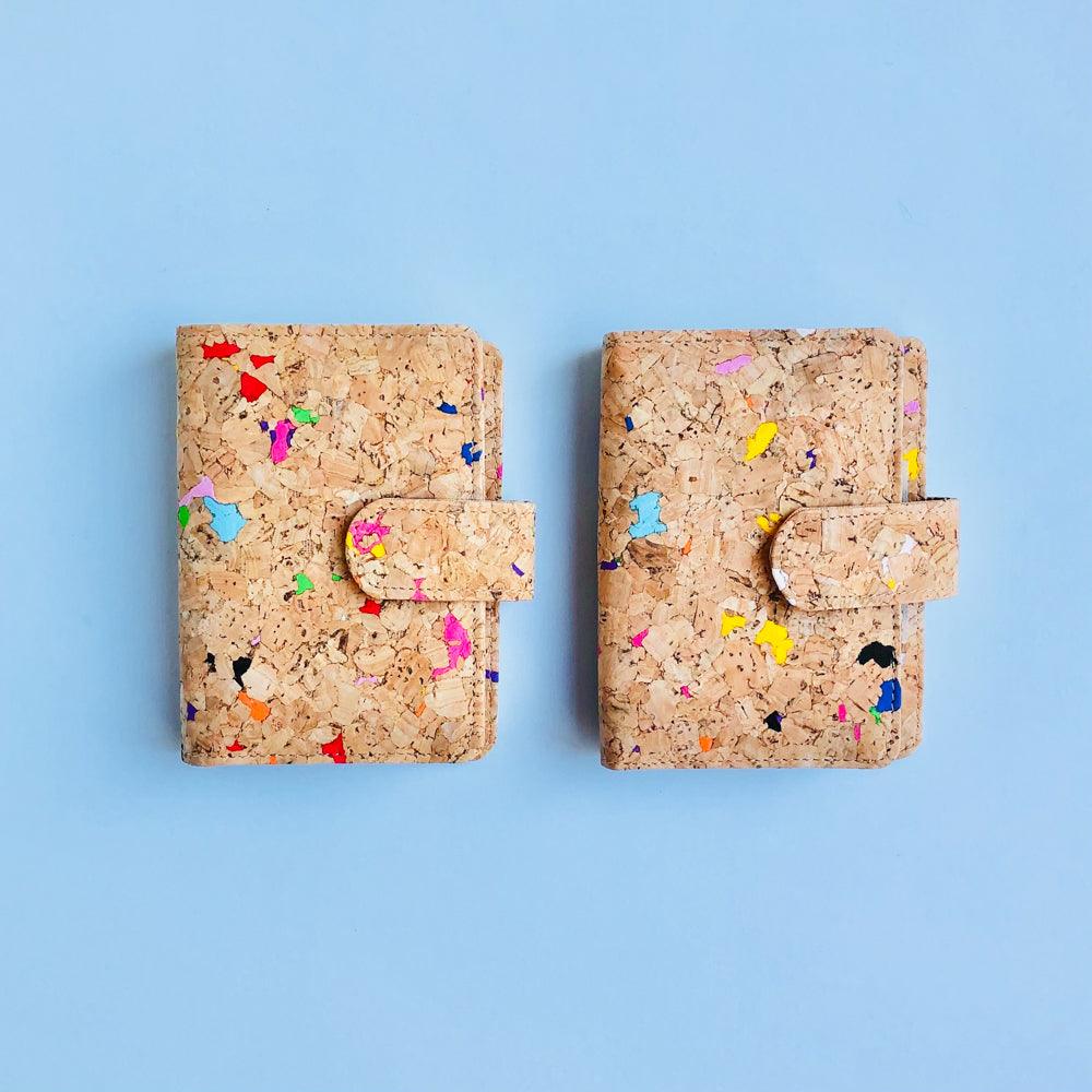 Two of By The Sea Collection, Kris, colourful vegan cork leather card holder wallet