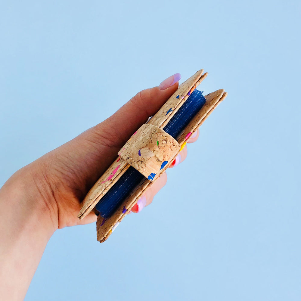 Model holding side way of By The Sea Collection, Kris, colourful vegan cork leather card holder wallet