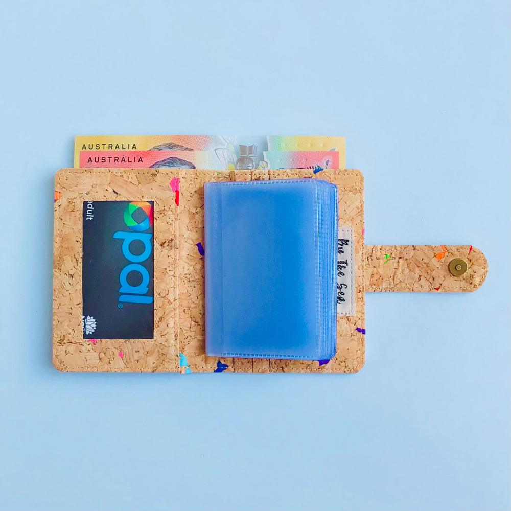 Interior A with card and notes of By The Sea Collection, Kris , colourful vegan cork leather card holder wallet