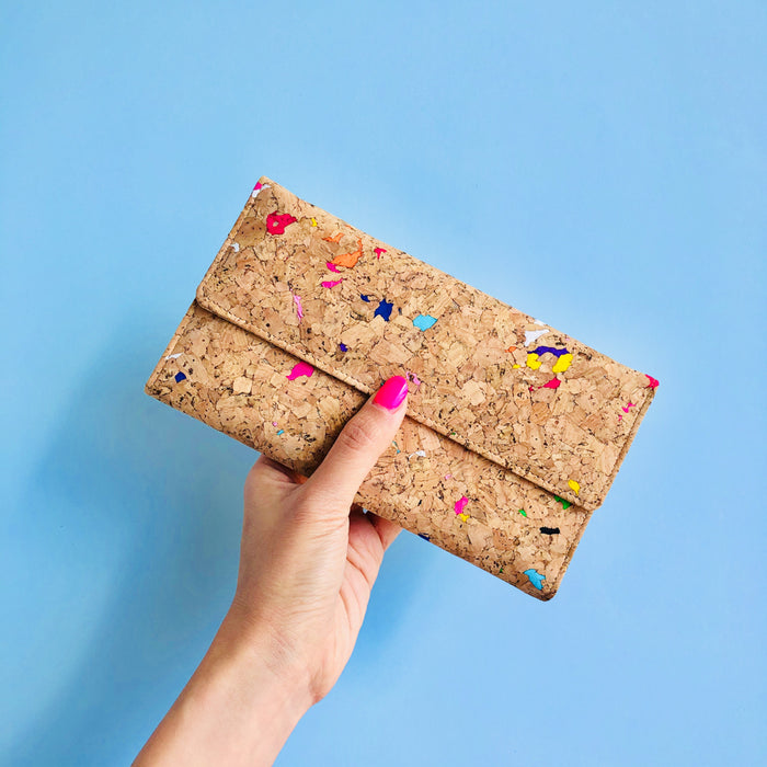 Women holding By The Sea Collection, Lara, colourful women's vegan cork leather wallet