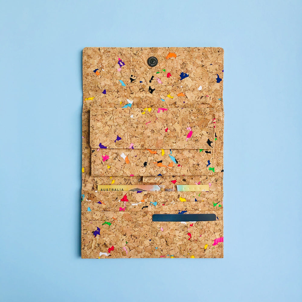 The inside of By The Sea Collection, Lola, colourful women's vegan cork leather wallet