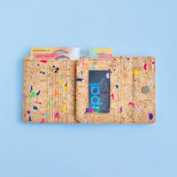 Interior A with card and notes of By The Sea Collection, Laura, colourful vegan cork leather compact wallet