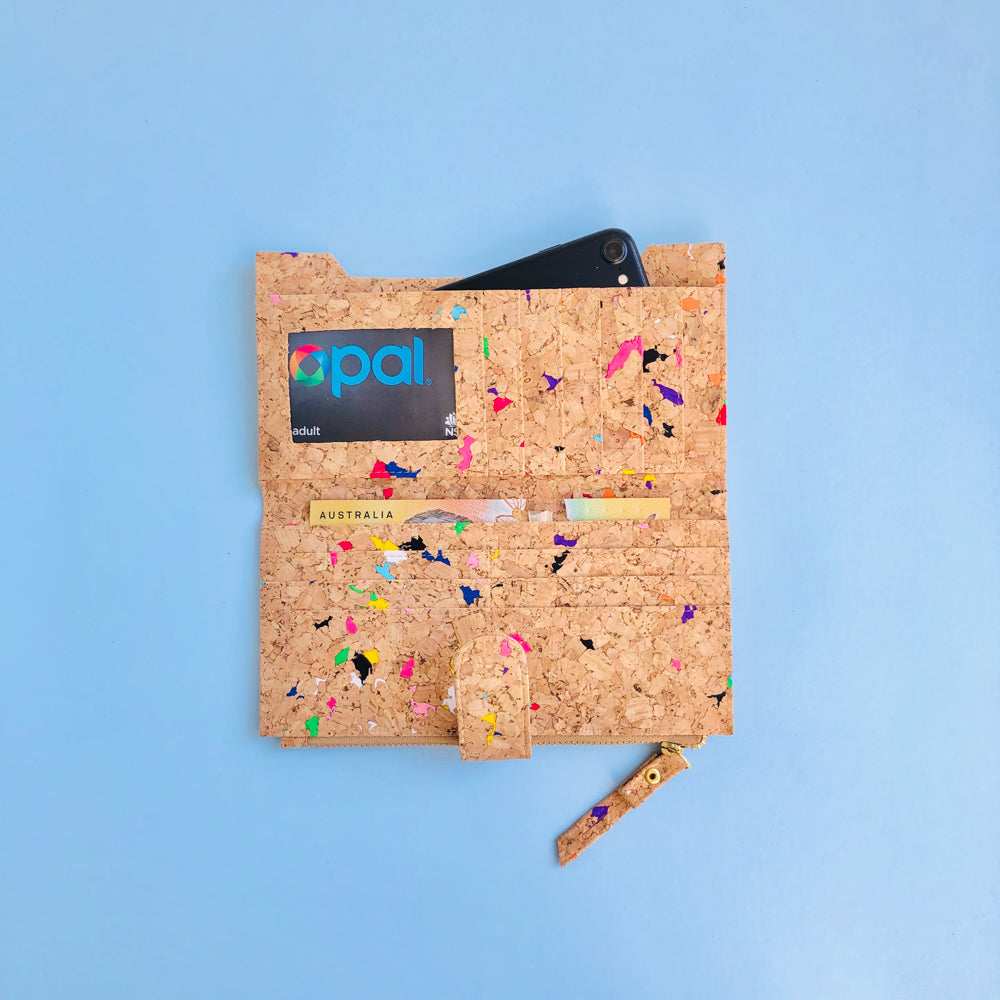 The inside of By The Sea Collection, Lizzie, colourful women's vegan cork leather wallet