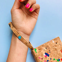 Women using wristlet of By The Sea Collection, Lola, colourful women's vegan cork leather wallet 