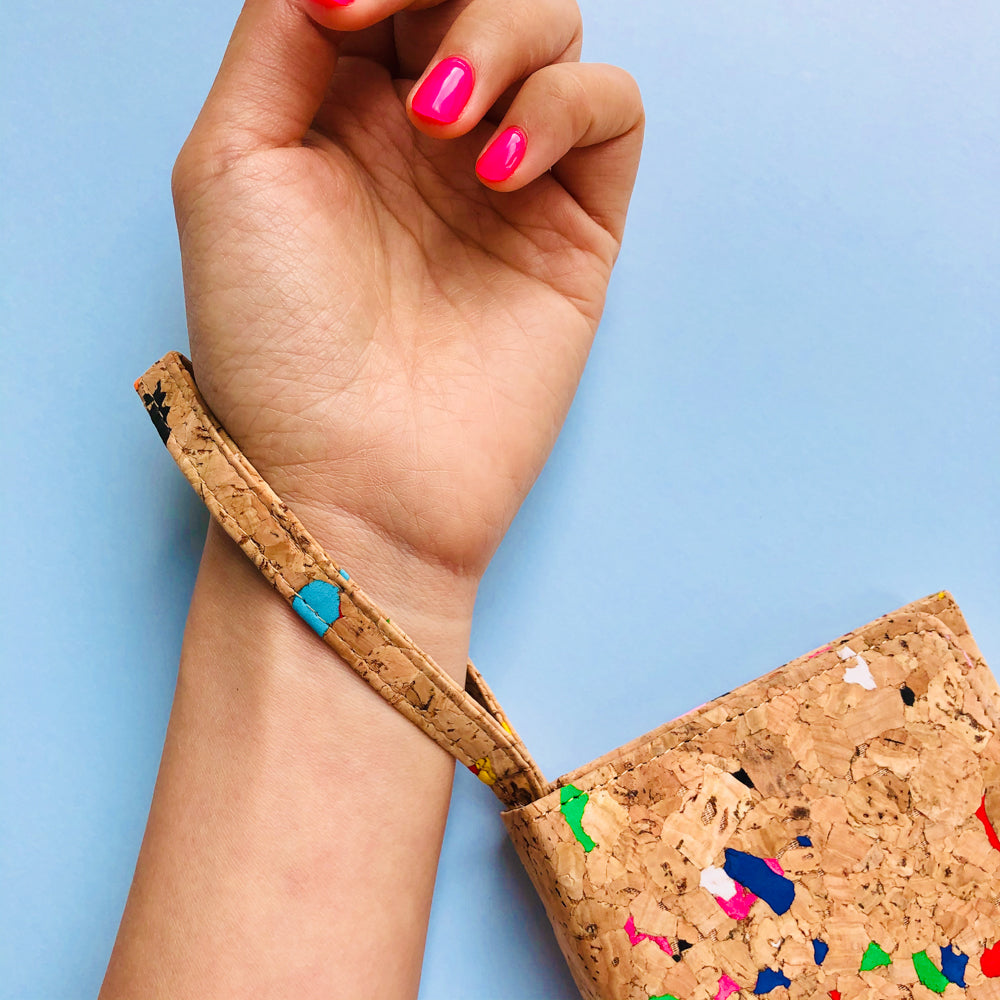 Women using wristlet of By The Sea Collection, Lara, colourful women's vegan cork leather wallet 