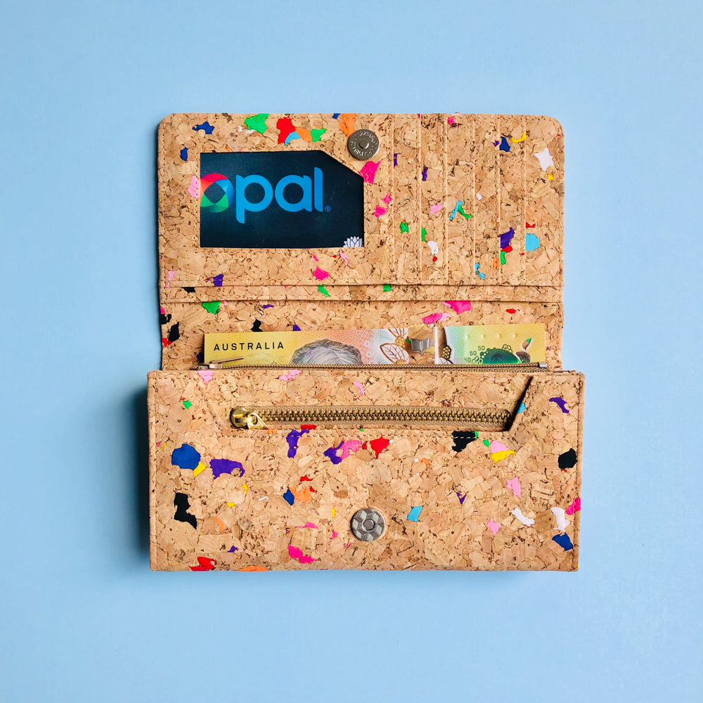 The inside of By The Sea Collection, Lola, colourful women's vegan cork leather wallet