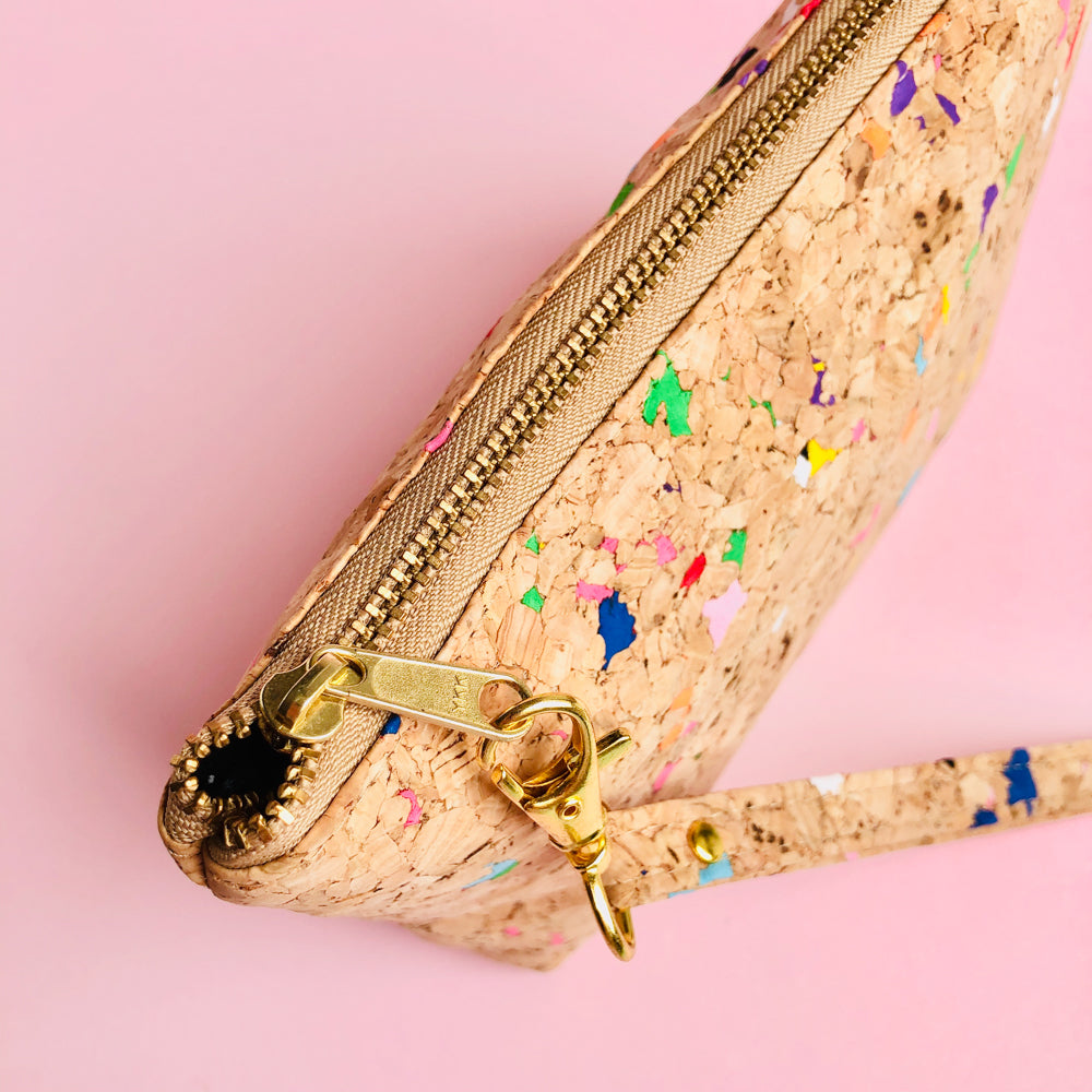 YKK metal zipper detail of By The Sea Collection, Miley, colourful vegan cork leather make up bag