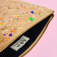 YKK metal zipper and interior of By The Sea Collection, Miley, colourful vegan cork leather make up bag