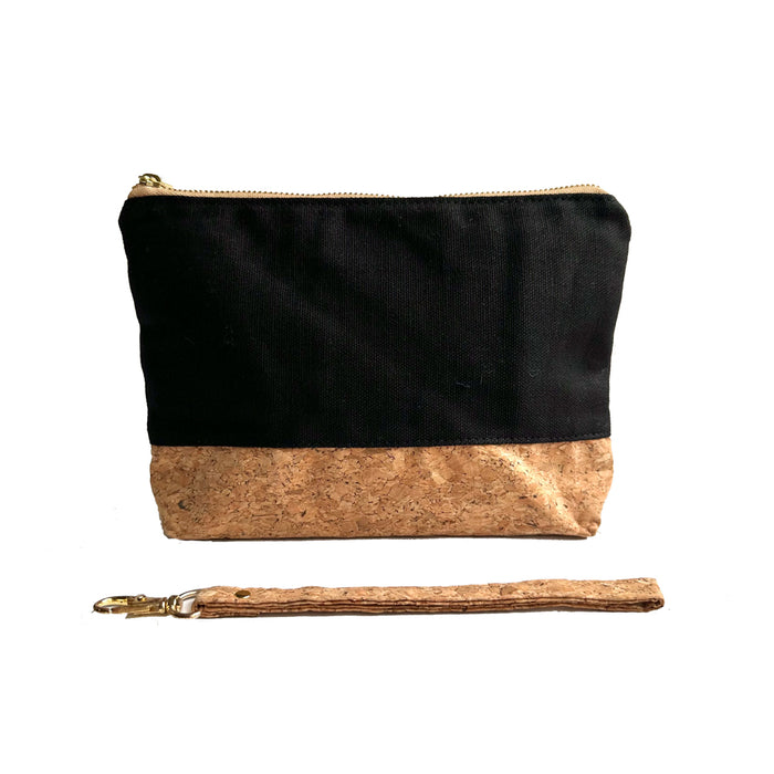 Detachable wrist strap of By The Sea Collection, Miley, black canvas vegan cork leather make up bag