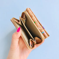 Open zipped compartment of By The Sea Collection, Nina, colourful vegan cork leather compact wallet