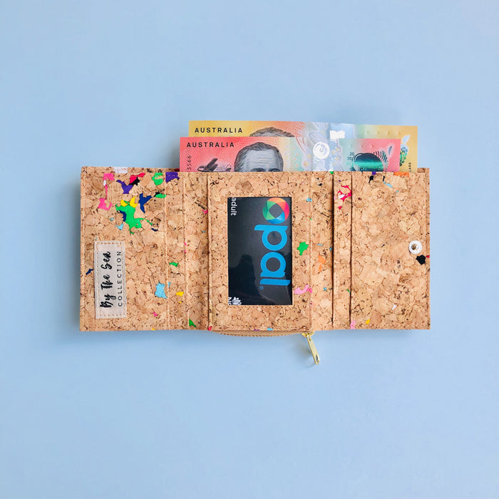 Interior of By The Sea Collection, Nina, colourful vegan cork leather compact wallet