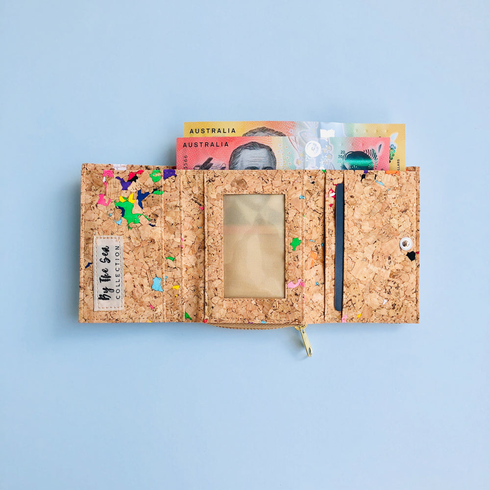 Interior of By The Sea Collection, Nina, colourful vegan cork leather compact wallet