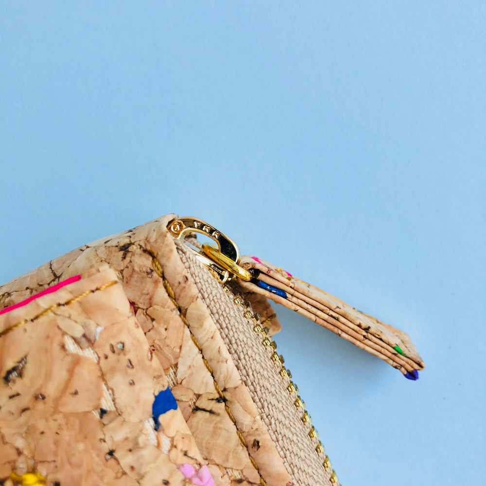 By The Sea Collection, zipper detail of Nyla , colourful vegan cork leather phone bag