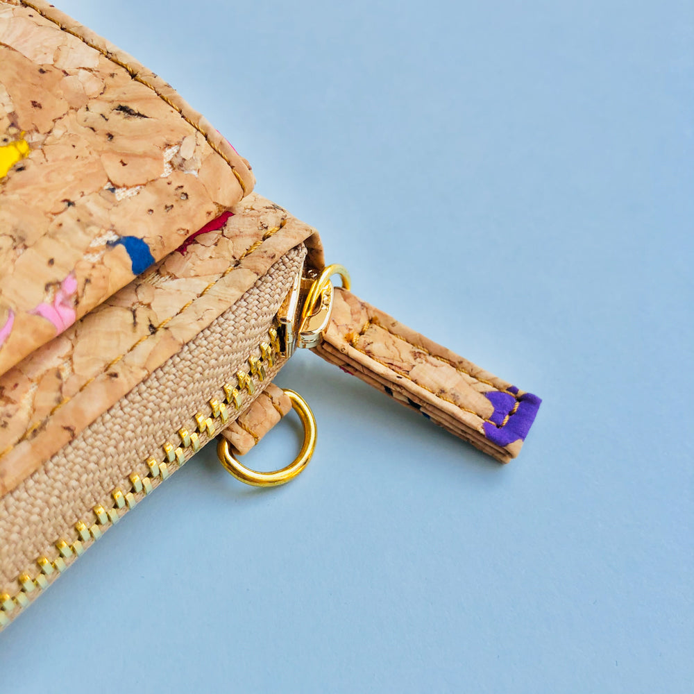 By The Sea Collection, stitching detail of Nyla , colourful vegan cork leather phone bag