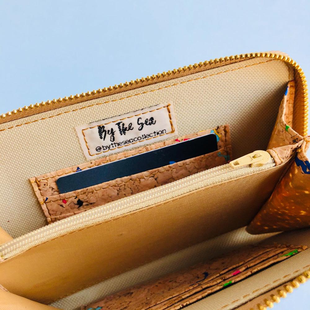 By The Sea Collection, close up card pocket of Nyla , colourful vegan cork leather phone bag