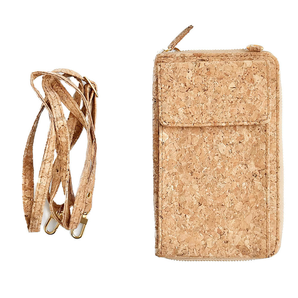 The front and shoulder strap of By The Sea Collection, Nyla, classic cork cross body phone bag