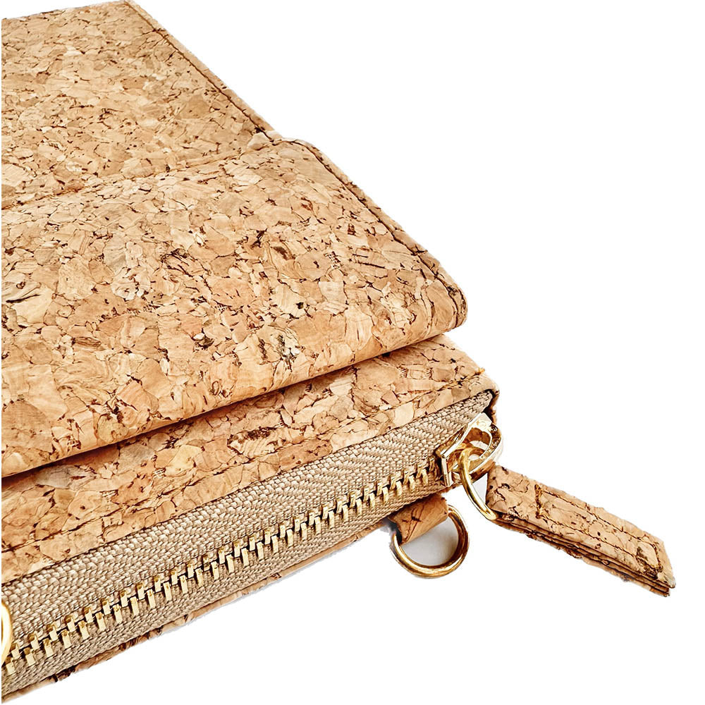 The zipper detail of By The Sea Collection, Nyla, classic cork cross body phone bag