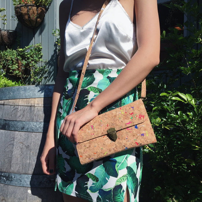 By The Sea Collection, model wearing Susie, colourful vegan cork leather shoulder bag