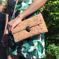 By The Sea Collection, model wearing Susie, colourful vegan cork leather shoulder bag